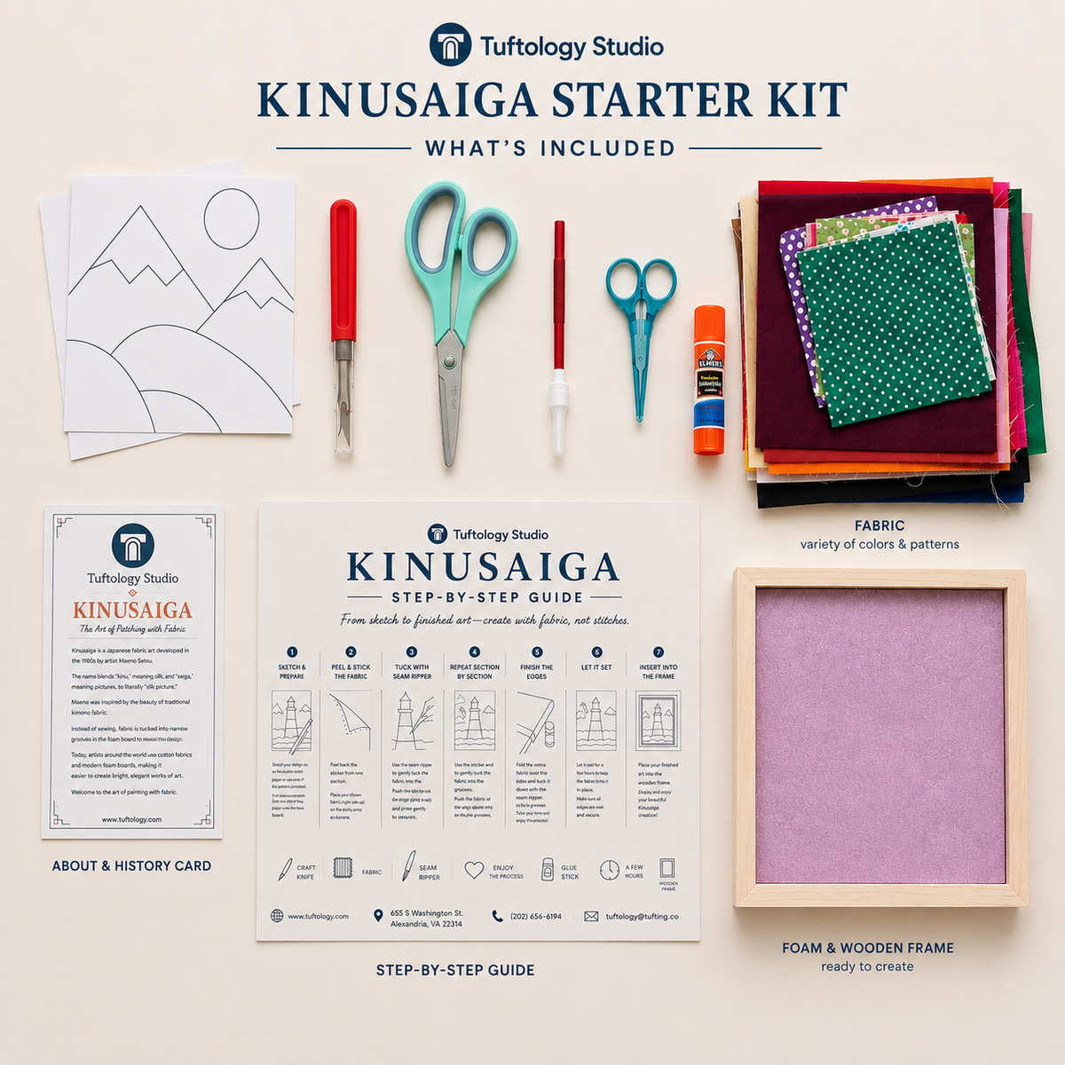 Tuftology Studio Kinaisaiga Starter Kit laid out on a light beige background, including pattern paper, scissors, a utility knife, thread, fabric, a glue stick, a fabric sample in a wooden frame, and printed instruction cards and a step-by-step guide.