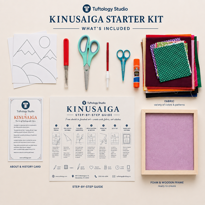 Tuftology Studio Kinaisaiga Starter Kit laid out on a light beige background, including pattern paper, scissors, a utility knife, thread, fabric, a glue stick, a fabric sample in a wooden frame, and printed instruction cards and a step-by-step guide.