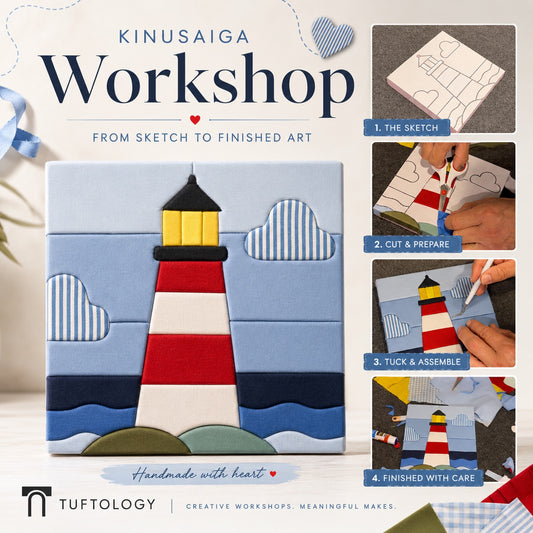 Tufology 'Kinusaiga Workshop' from sketch to finished art, featuring a completed lighthouse jigsaw puzzle on a canvas. The left side displays the title and the finished product, while the right side shows a four-step process of sketching, cutting, tucking, and finishing the artwork with hands visible.